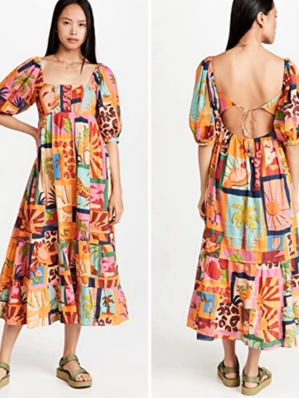 FARM Rio Tropical Collage Midi Dress Puff Sleeve Patchwork Square Neck M